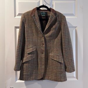 Vintage Lauren Ralph Lauren Brown Houndstooth Wool Blazer, Suede Collar